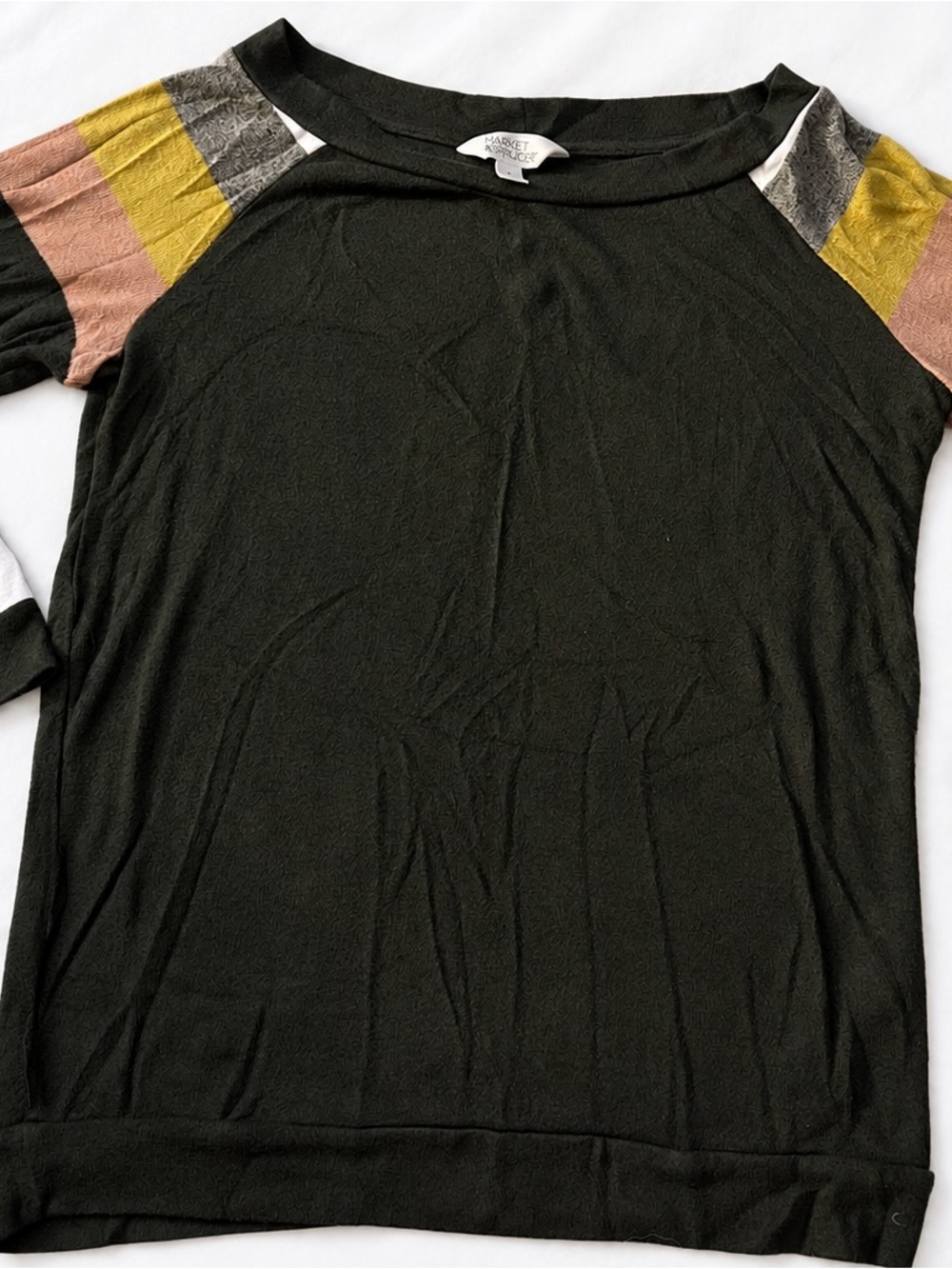 Market & Spruce Black Long Sleeve Top with Pink, Gold, and Gray Accents